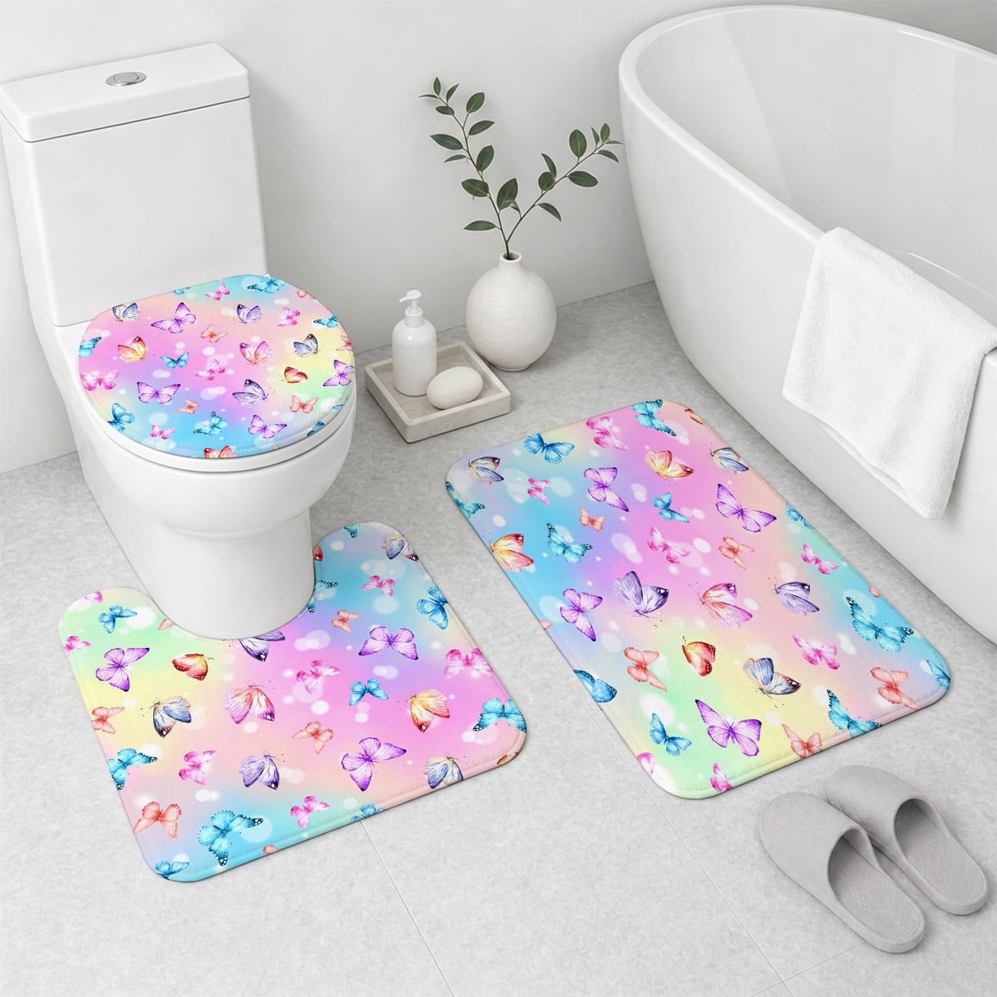 Muuyi 4Pcs Pink Bathroom Sets with Shower Curtain and Rugs, Gradient Butterfly Cute Shower Curtain Set, Women Girly Bathroom Decor, Includes Non-Slip Bath Mat, Toilet Lid Cover & 12 Hooks, 71" x 71"