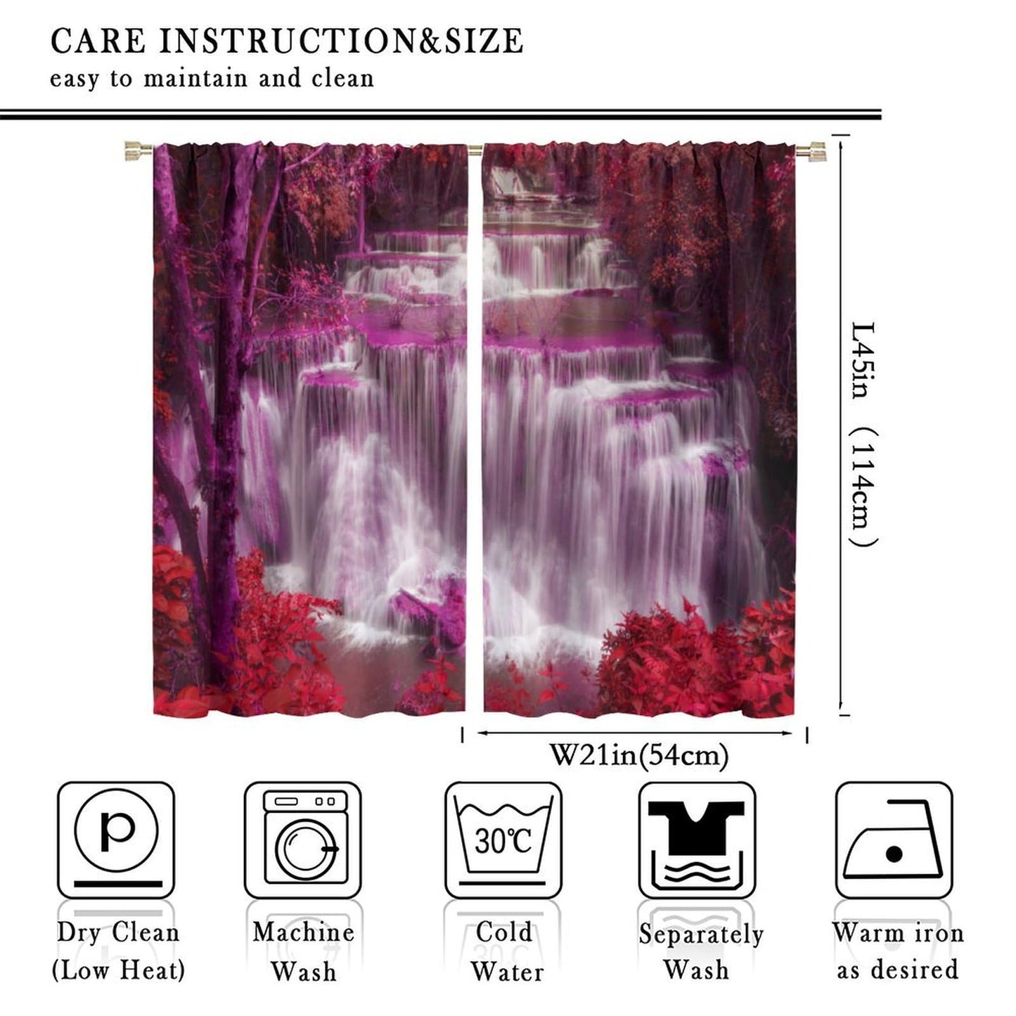 Waterfall Curtains，Spring Nature Theme Pink Red Floral Forest Landscape Scenery Pattern Waterproof Fabric Rod Pocket Window Drapes for Bedroom Living Room Set 2 Panels,42x45 Inches