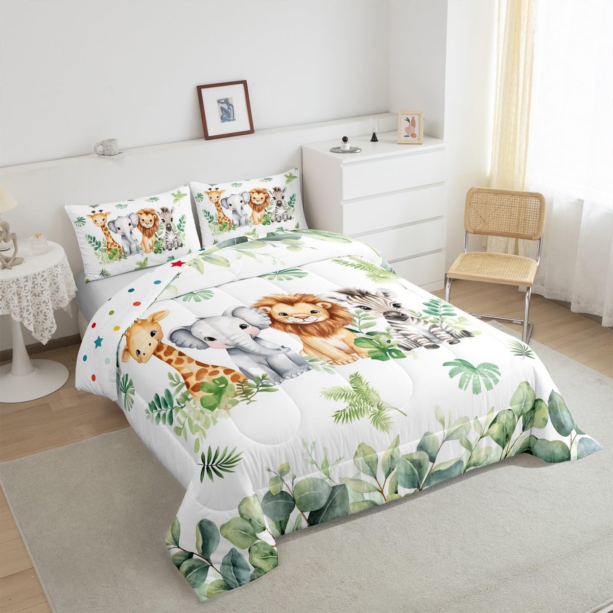 Erosebridal Jungle Animal Bedding Sets for Boys Nursery Giraffe Elephant Comforter Full Size for Kids Girls Baby Green Botanical Eucalyptus Palm Leaves Quilt Zebra Lion Safari Animal Duvet Insert