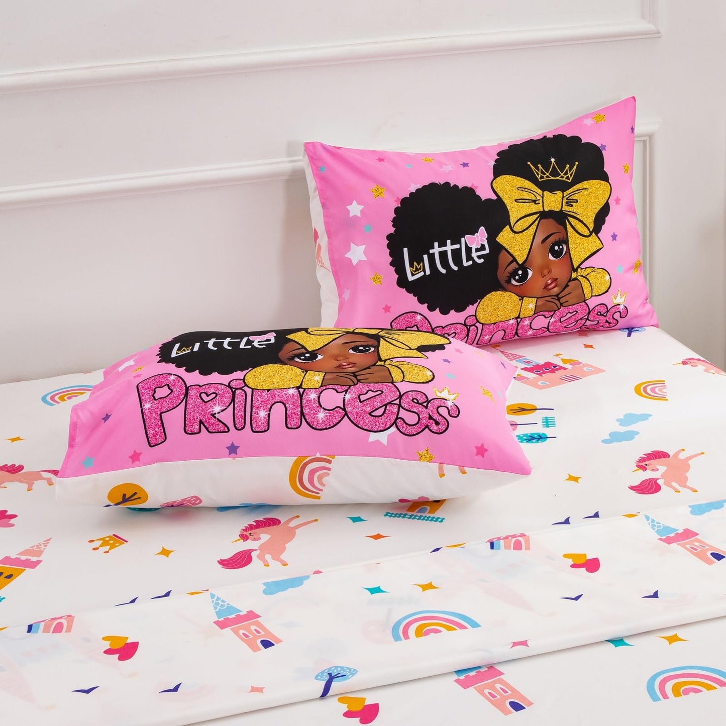 A Nice Night Black Girl Little Princess Comforter Set, Pink 6Pcs Bed in A Bag Twin Size Sparkling Stars Bedding Set,for Kids, Girls