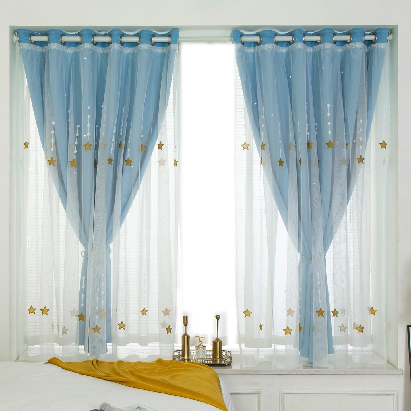 Blue Shooting Star Pattern Living Room Bedroom Blackout Insulated Double Layer Curtains for Girls Bedroom Kids Room Decor(47" W x 66.9" L)