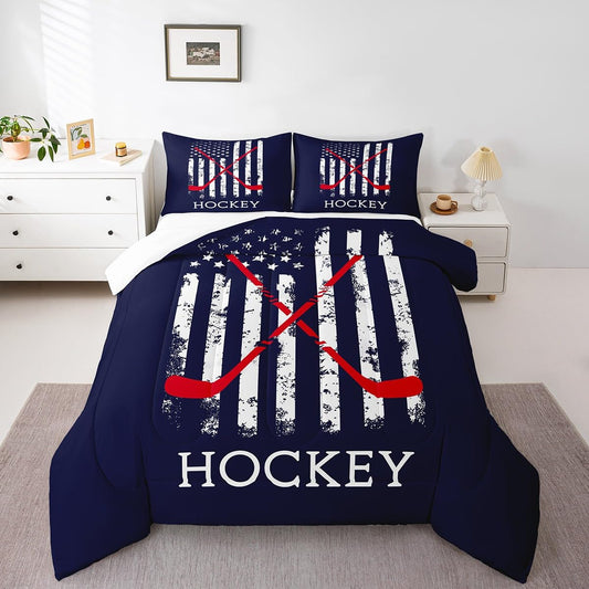 Homewish Hockey Comforter Set,American Flag Bedding Set for Kids Girls Women,Adults Ice Hockey Comforter,Red Blue White Quilted Duvet Set Bedroom Collection Twin Size 2Pcs