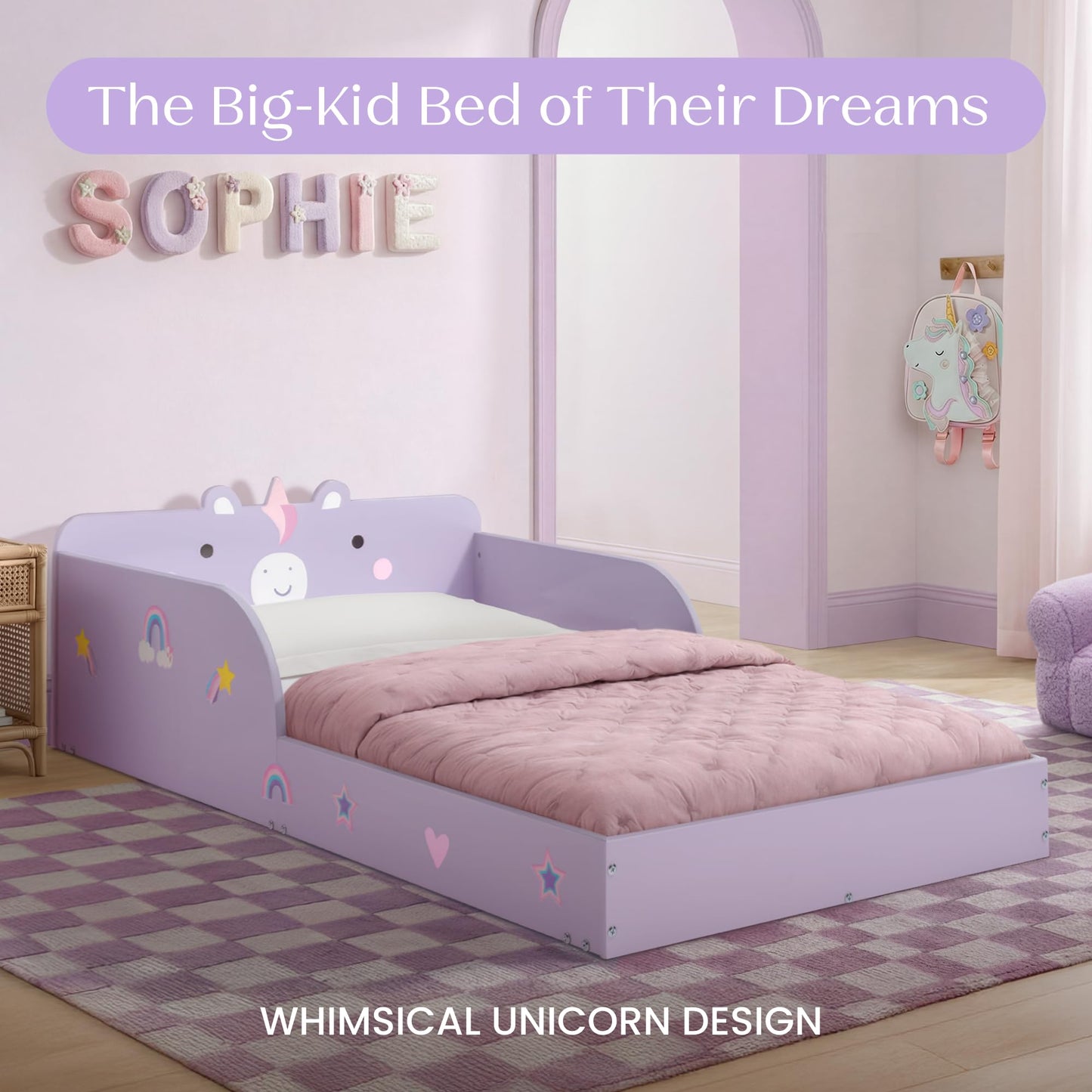 Delta Children Unicorn Wood Floor Toddler Bed with Reusable Stickers, Purple