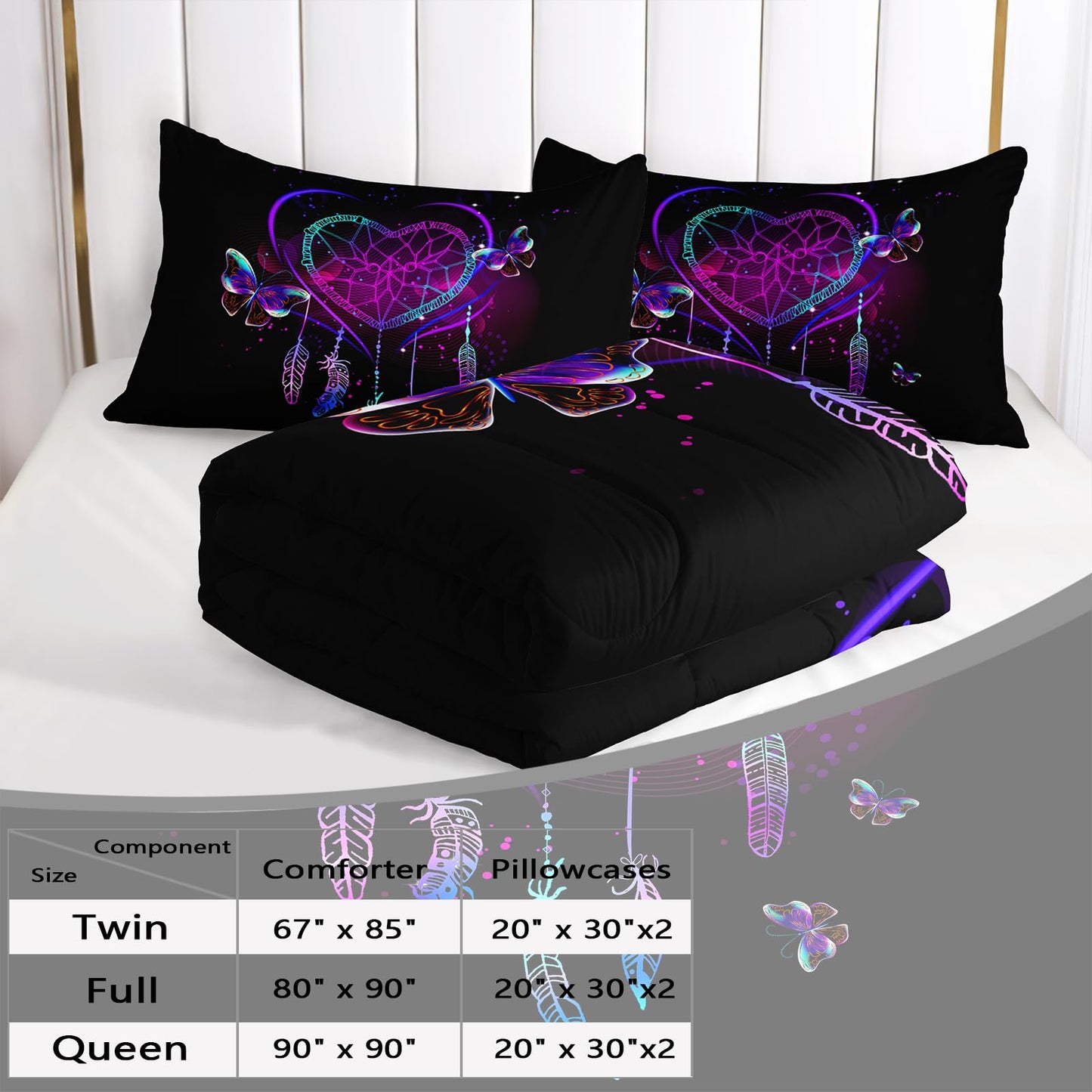 AILONEN Neon Love Comforter Set Queen Size, Valentine Gift Crystal Purple Butterfly Plume Design Bedding Set,Black and Purple Bedroom Decor Print Quilt 3Pcs (1 Comforter+ 2 Pillowcases)