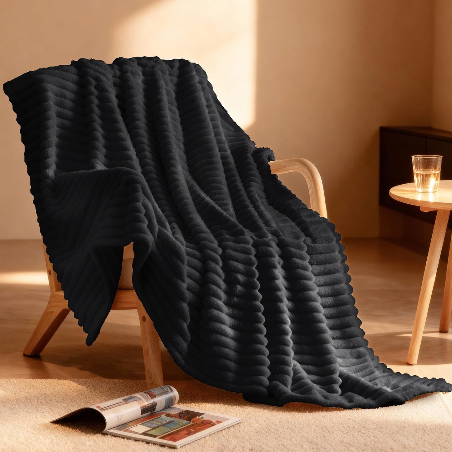 Nookly Black Fleece Throw Blanket for Couch, Soft Lightweight Ribbed Plush Blanket for Sofa and Bed, All-Season Cozy Striped Throw for Men 50x60 Inches