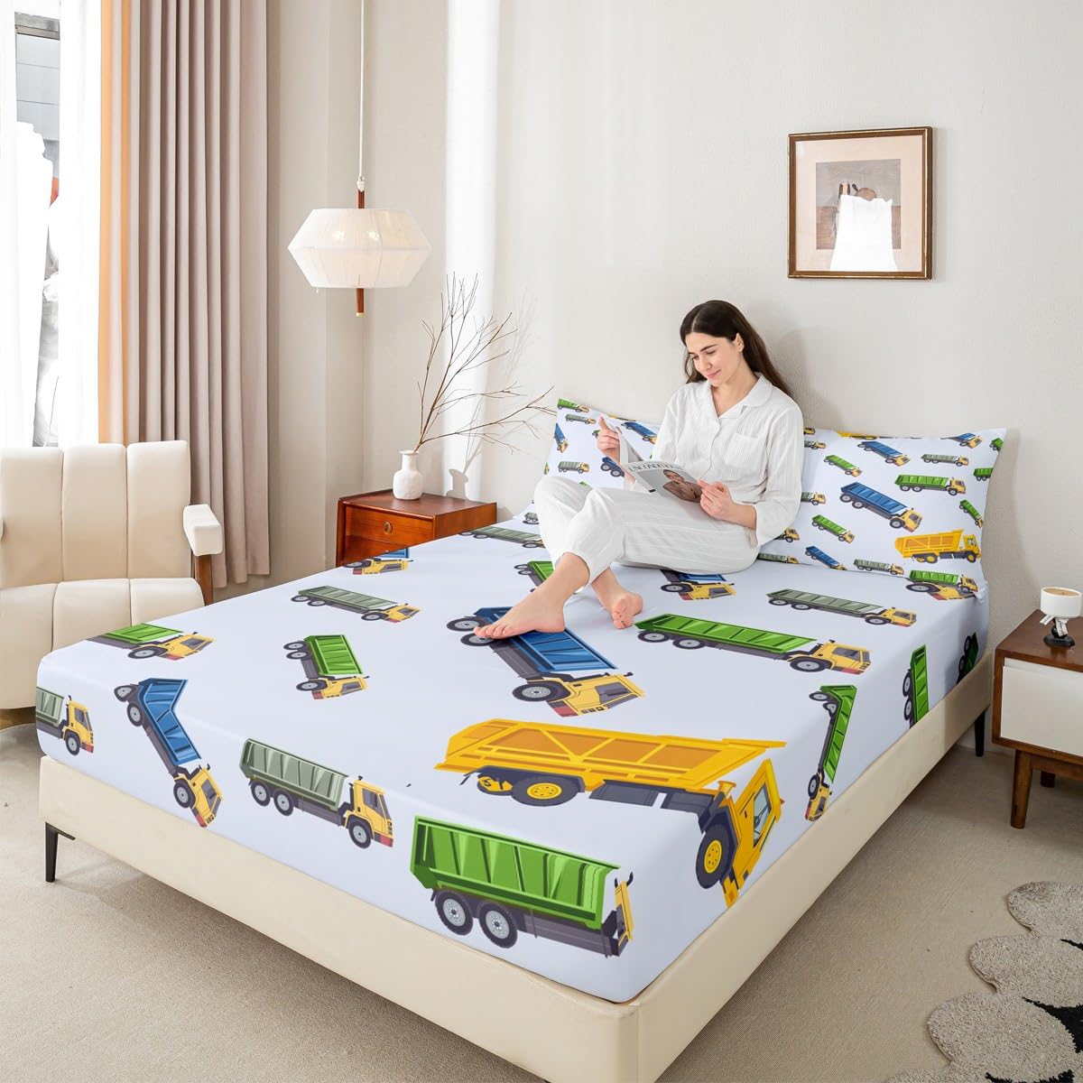 Cute Garbage Truck Bed Sheet Set - Cartoon Car Equipment Fitted Sheet for Boys Girls - Rubbish Vehicle Bedding Cover Full Size With 2 Pillow Cases