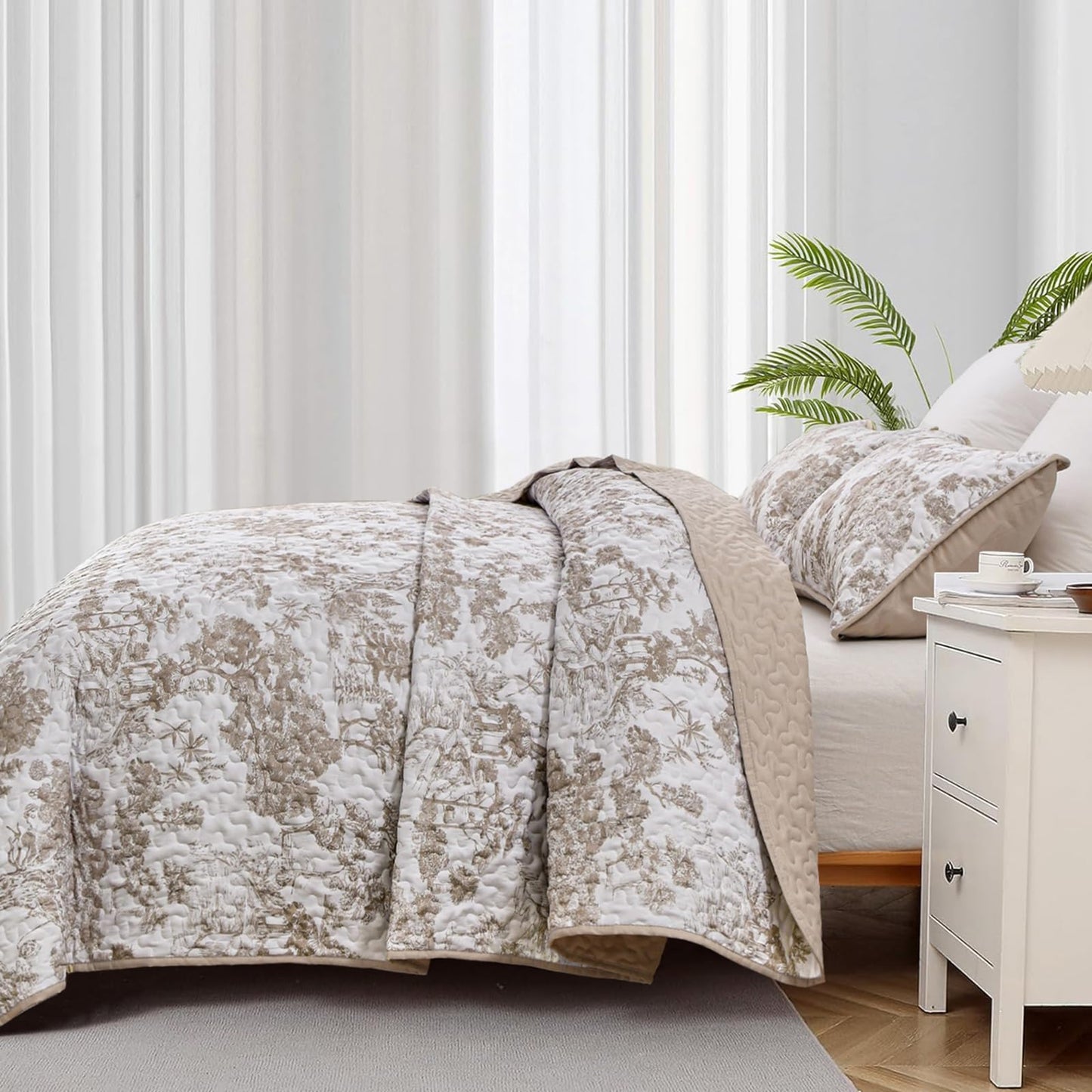 WONGS BEDDING Botanical Quilt Set Queen Size, Khaki 3 Pieces Floral Plants Printed Bedspread Bedding Set Soft Lightweight Microfiber Coverlet Set for All Season (96''x90'')
