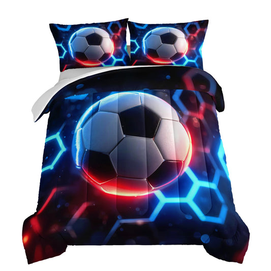 HOSIMA Soccer Comforter Twin Size,Soft Sports Bedding for Kids Boys Room Decor,Glowing Neon Geometric Honeycomb Background Pattern Lightweight Football Comforter with 2 Pillowcases.