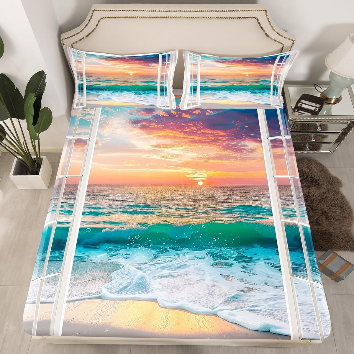 jejeloiu Beach Theme Fitted Sheet Full Size Kids Summer Ocean Wave Pattern Bed Sheets Set for Boys Girls Teens Sea Marine Coastal Natural Scenery Bedding Set Room Decor