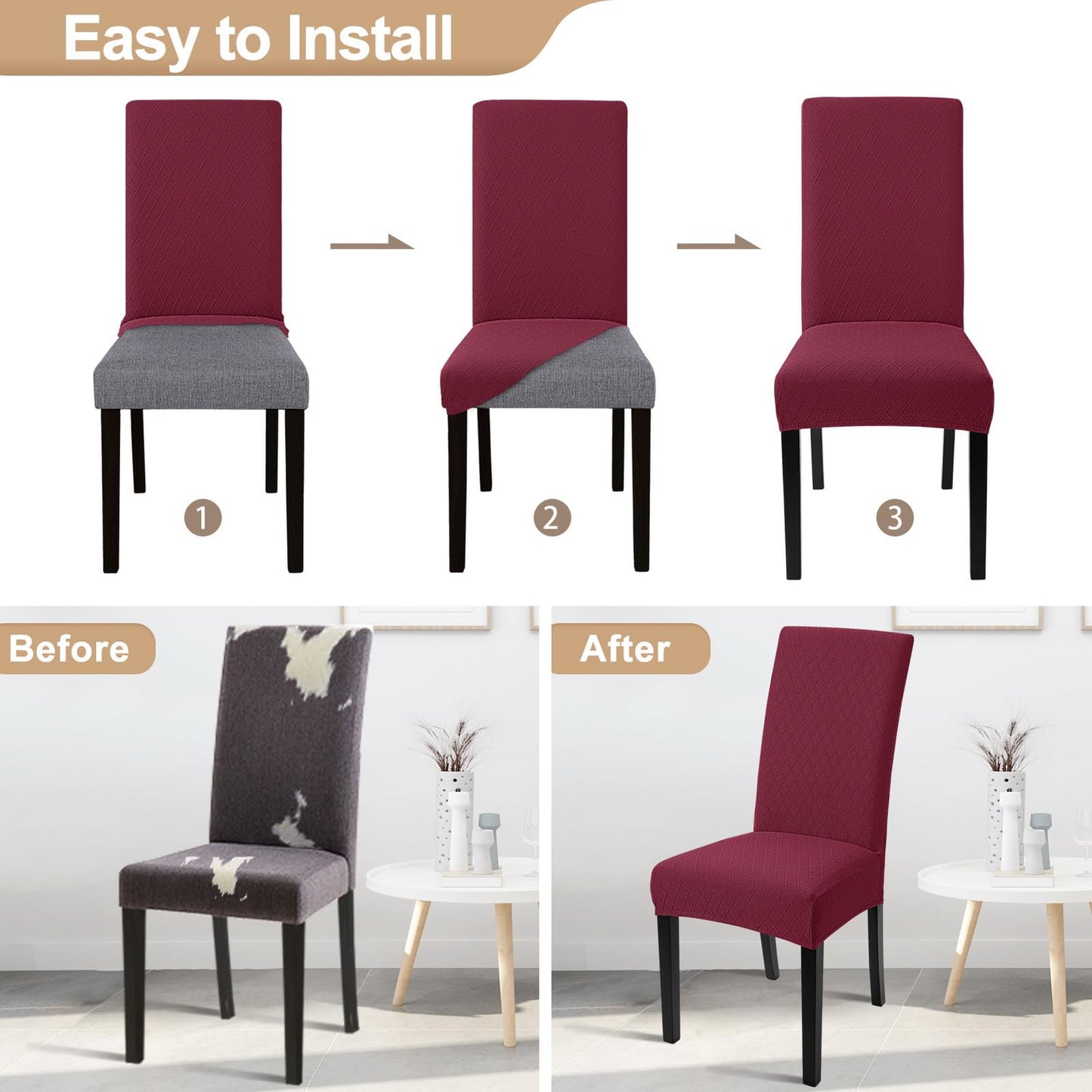 SearchI Dining Room Chair Covers Set of 4, Stretch Jacquard Parsons Chair Slipcovers Removable Washable Kitchen Chair Protector Cover for Dining Room, Hotel, Ceremony (Wine Red Rhombus)