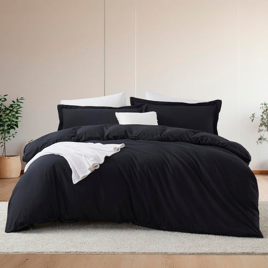 Hearth & Harbor Queen Size Duvet Cover & Bed Sheet Set Black, 7 Piece Soft Double Brushed Bedding Set, Includes Duvet Cover, Flat Sheet, Fitted Sheet, Pillowcases and Pillow Shams