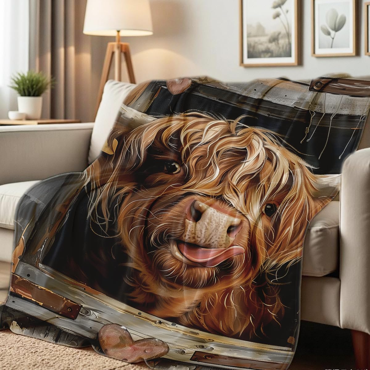 HUNXIAOJ Printed Bed Blanket Highland Cow Blanket Queen Size Flannel Blanket Cattle Farm Animal Throw Blanket for Couch Sofa Living Room Travel Decor (49"x59")