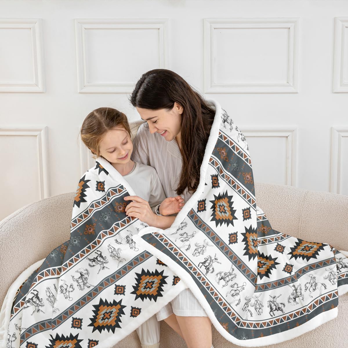 Feelyou Western Cowboy Sherpa Blanket Southwestern Aztec Fleece Throw Blanket Boys Girls Horse Riding Design for Bed Couch Chair Living Room Ranch Farmhouse Bedroom Decor Blue Brown 40"x50"