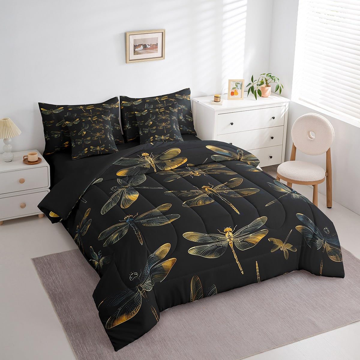 Erosebridal Ombre Dragonflies Bed in a Bag,Gradient Dragonfly Comforter Set Queen,Flying Insects Wildlife Animal Bedding Set 7Pcs