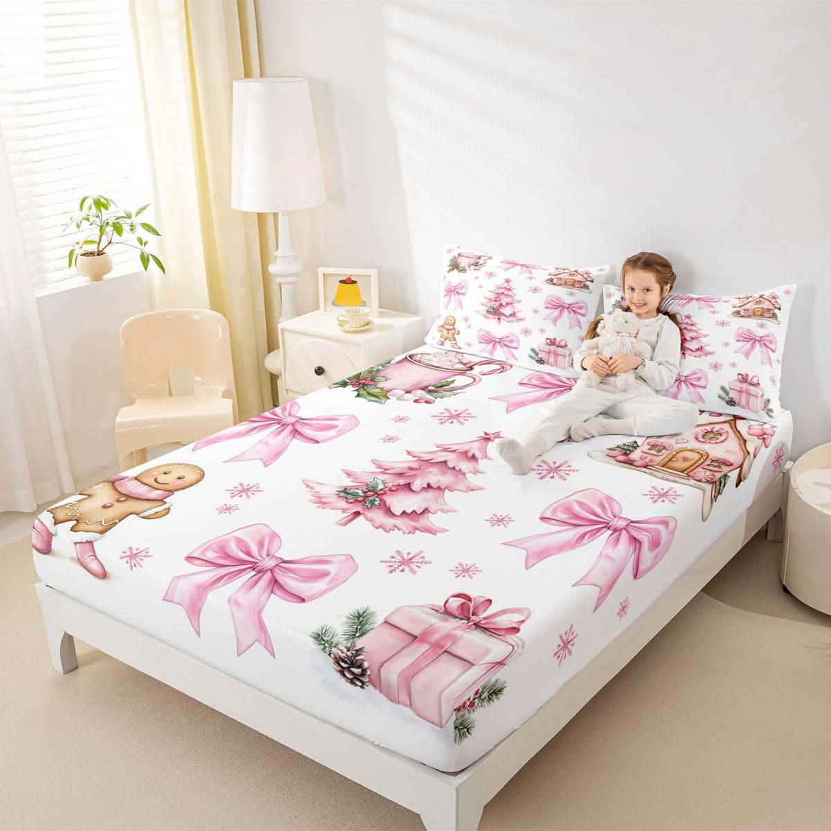 Merry Christmas Kids Full Size Fitted Sheet,Bowknot Gingerbread Man Xmas Tree Boys Girls Bed Sheets,Poinsettia Snowflake Winter Room Decor,Pink White Bedding Set,2 Pillowcases(No Flat)