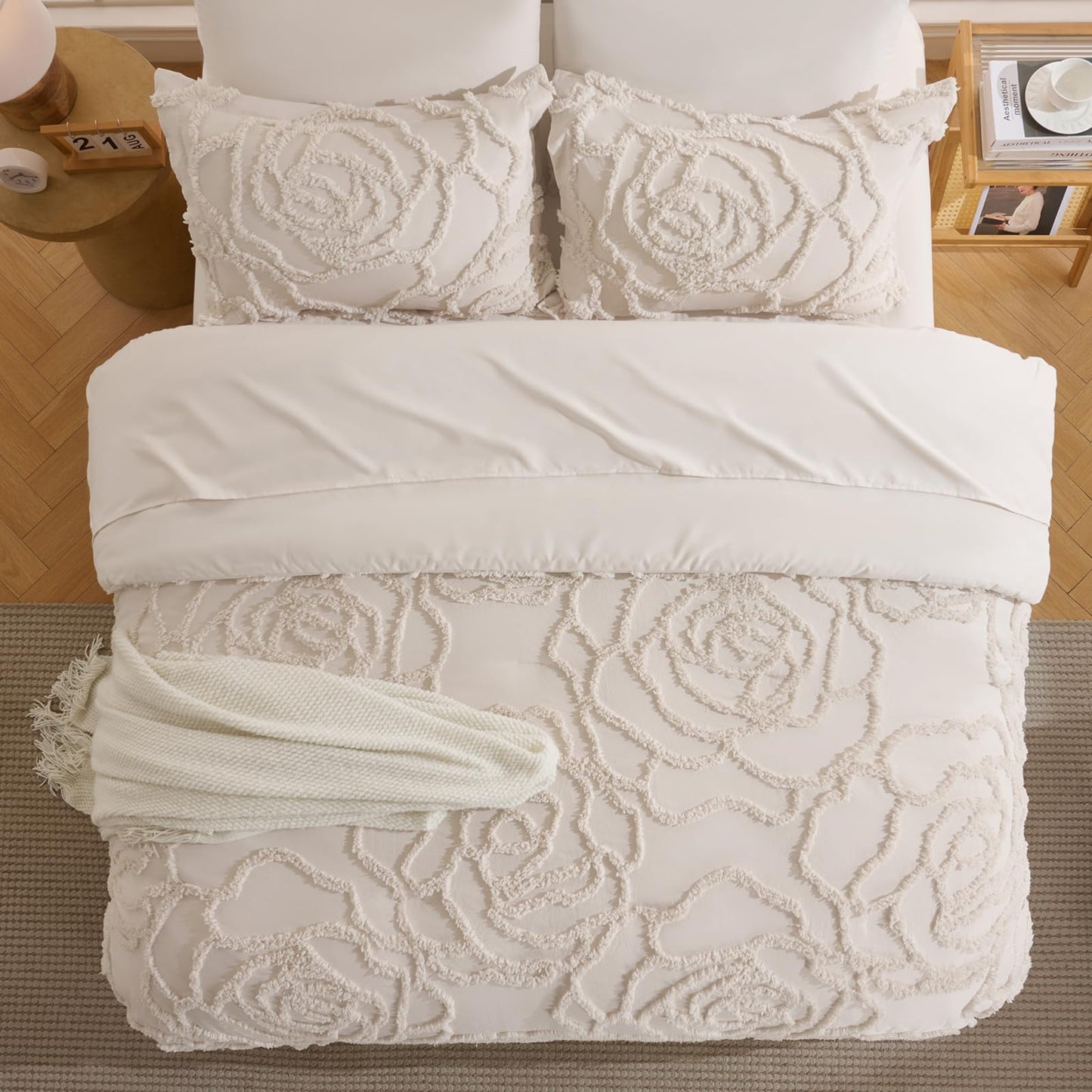 Wrenley Vale 7 Pieces Comforter Set Queen Khaki Tufted Rose Ultra Soft Fluffy Boho Tufted Comforter Set All Season Bed in a Bag Set Shabby Chic Farmhouse Rustic Style Bedding