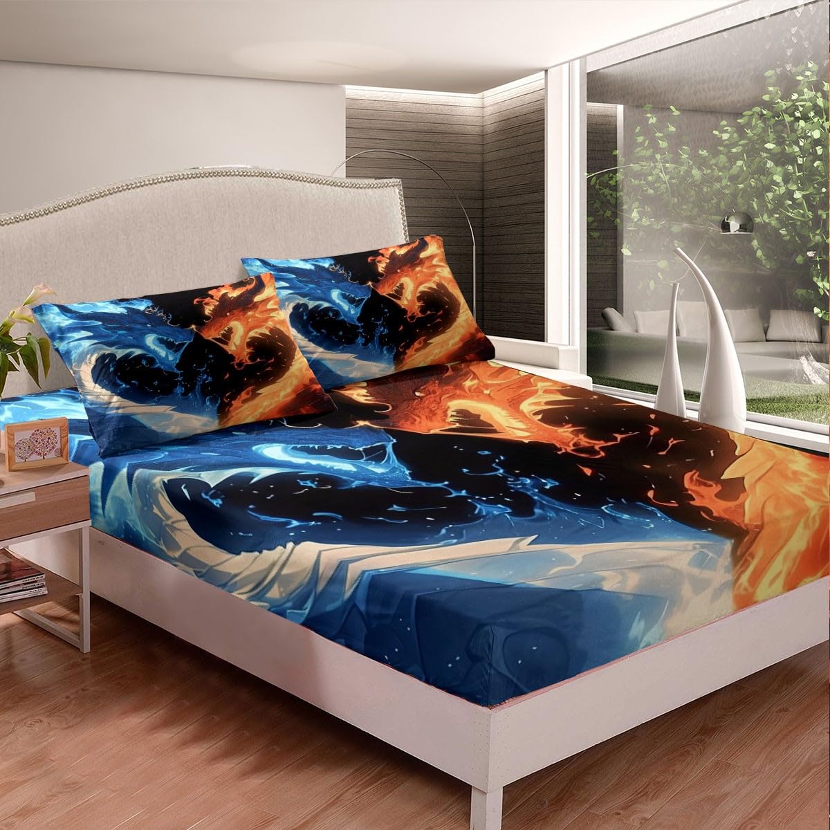 Erosebridal Dragon Bed Sheets Set Full Size for Boys, Wildlife Animals Flat Fitted Sheet Western Magical Wildlife Bedding Set for Kids Bedroom Decor, Blue Gold Bedding Sets with 2 Pillow Cases