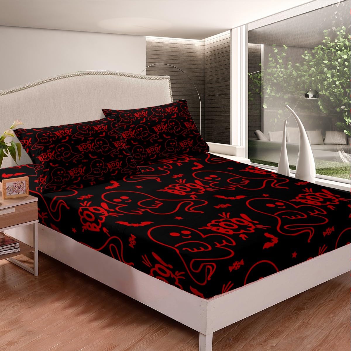Feelyou Halloween Sheets Set Cartoon Ghost Twin Size Bedding Set Decoration for Kids Boys Girls Red Fitted Sheet Ghost Festival Themed Bed Sheet Set Collection