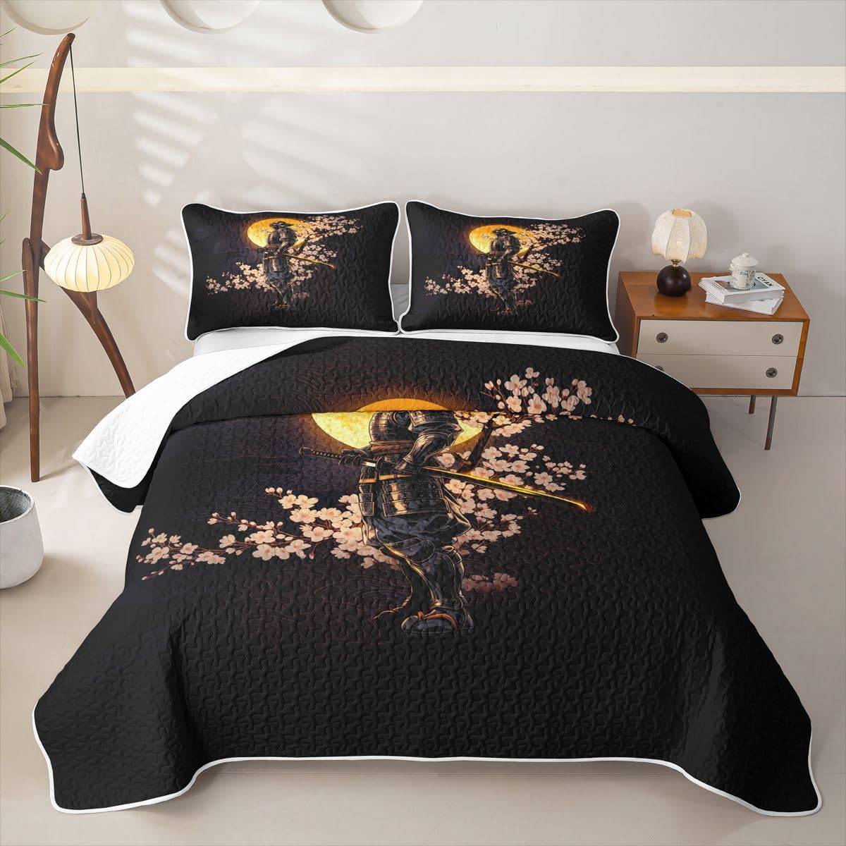 Erosebridal Japanese Samurai Quilts Twin Size - Sunset Cherry Blossoms Bedspread Coverlet Set, Japan Warrior Quilt Coverlets 2Pcs (Only 1 Pillowcase)