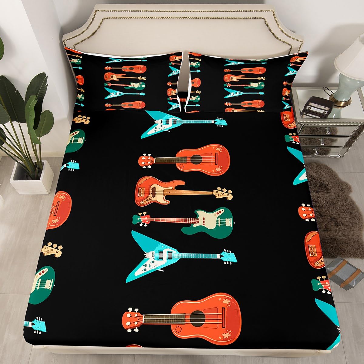Erosebridal Guitar King Bed Sheets Set Music Theme Sheet Set for Kids Boys Girls Music Equipment Sheets Black Flat Fitted Sheet 4 Pcs Bedroom Decor