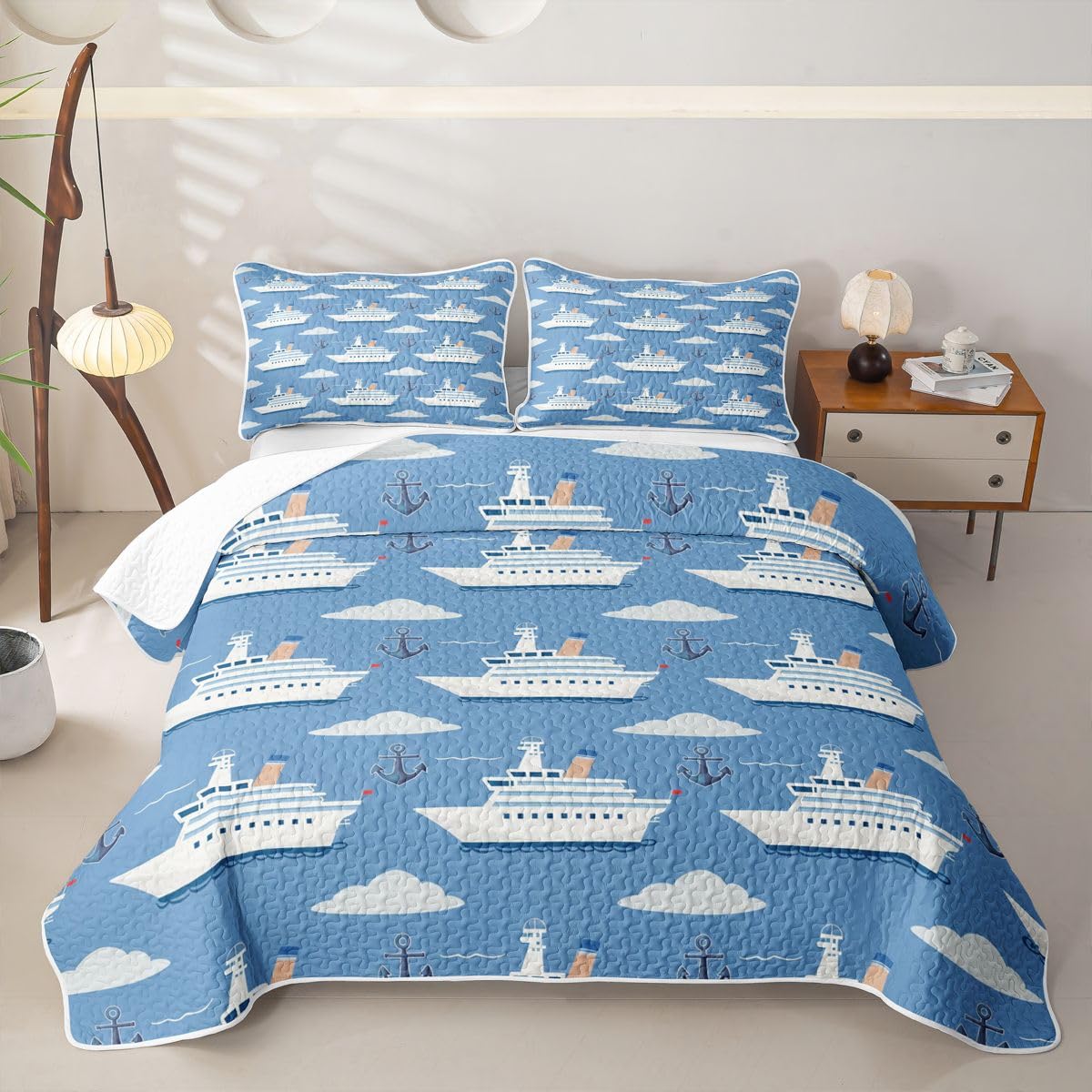 Erosebridal Nautical Sailboat Twin Quilt Set Ocean Ship Lightweight Bedspread Boat Anchor Coverlet for All Season White Cloud Blue Sky Nautical Quilted Comforter 2 Pieces