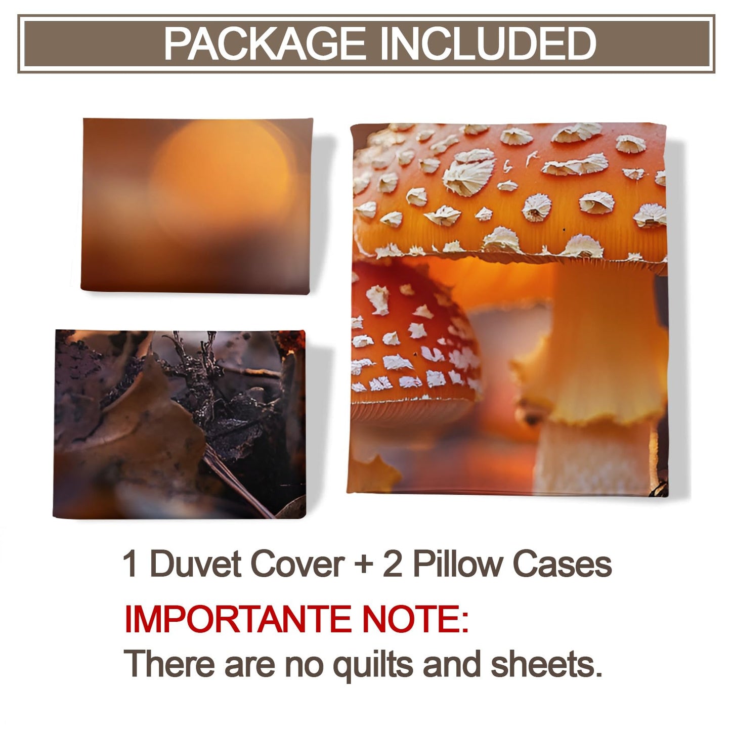QINYUN Wild Mushroom Duvet Cover King Size, Fantasy Orange Mushrooms Bedding Set 3 Piece Bedroom Decor Autumn Comforter Cover and 2 Pillow Sham with Zipper Closure