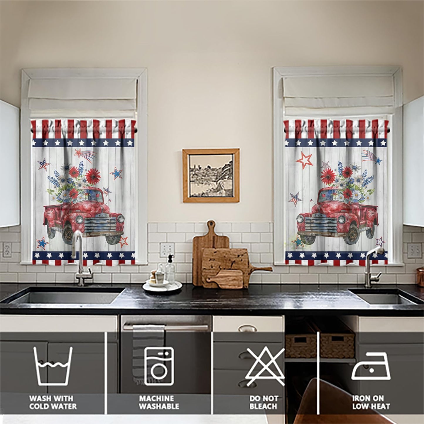 American 4th of July Kitchen Curtains Valances and Tiers Set for Windows, Patriotic Independence Memorial Day Bathroom Window Curtain Valance 3 Piece Sets,Kitchen Decor for Living Room,54"x 36"