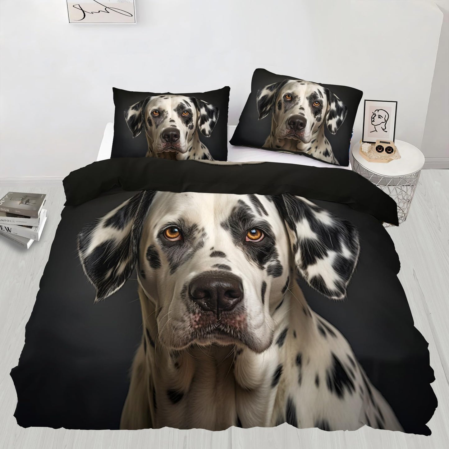 Dog Print Duvet Cover Queen Size - Dalmatian Lover Home Decor & Gifts, 3 Piece Back to School Dorm Bedding, Easy Care Microfiber Comforter Cover & Pillowcases, Black