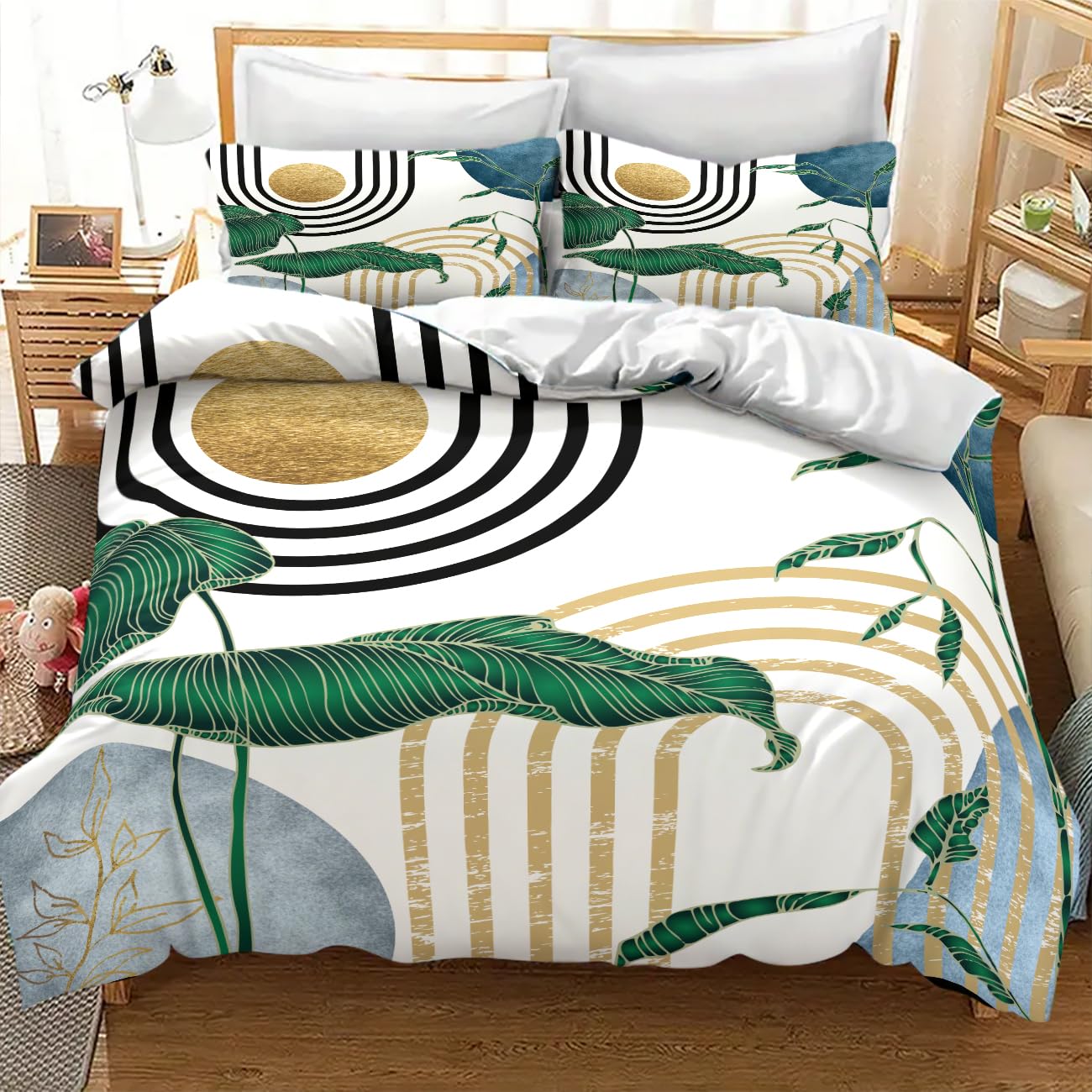 Lnepty Mid Century Leaves Bedding Set,Modern Abstract Tropical Monstera Palm Leaf Plant Minimalist Spring Summer Bohemian Geometric Comforter Set with Pillowcase for Bedroom Bed Decor，Twin 86"x70"