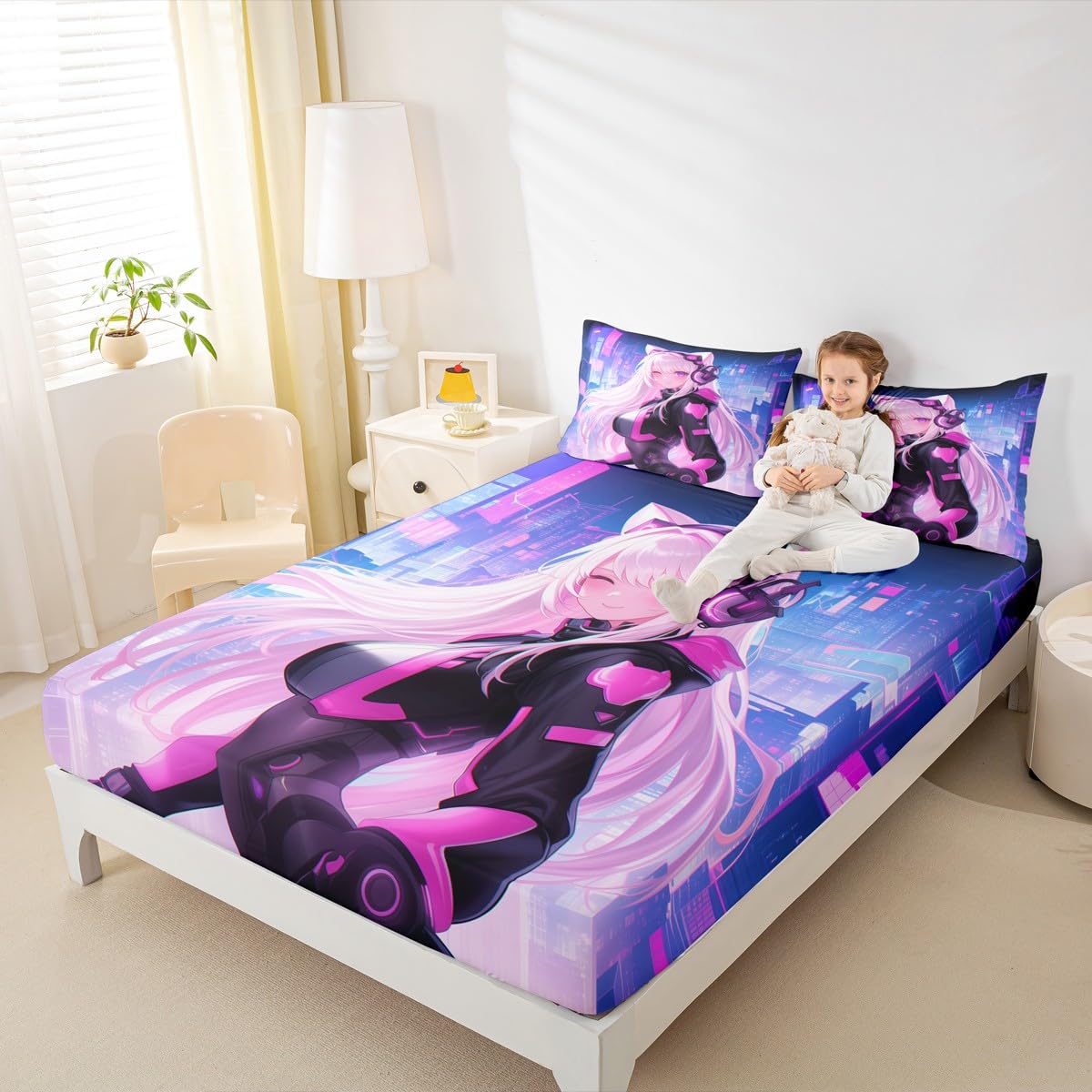 Erosebridal Twin Anime Girl Top Fitted Sheet 3 Piece, Kawaii Japanese Anime Sheet Set Cartoon Girl Bed Sheets Sci Fi Style Japanese Animation Bedding Set for Kids Girls Teens Adult Room