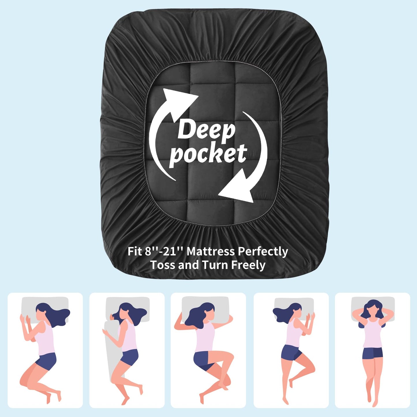Thick Mattress Topper Full with Deep Pocket, Extra Pillow Top Mattress Pad, Breathable & Cooling Mattress Cover, Fits 8-21 Inch, Soft Support for Back Pain Relief, Mattress Protector (Full, Black)