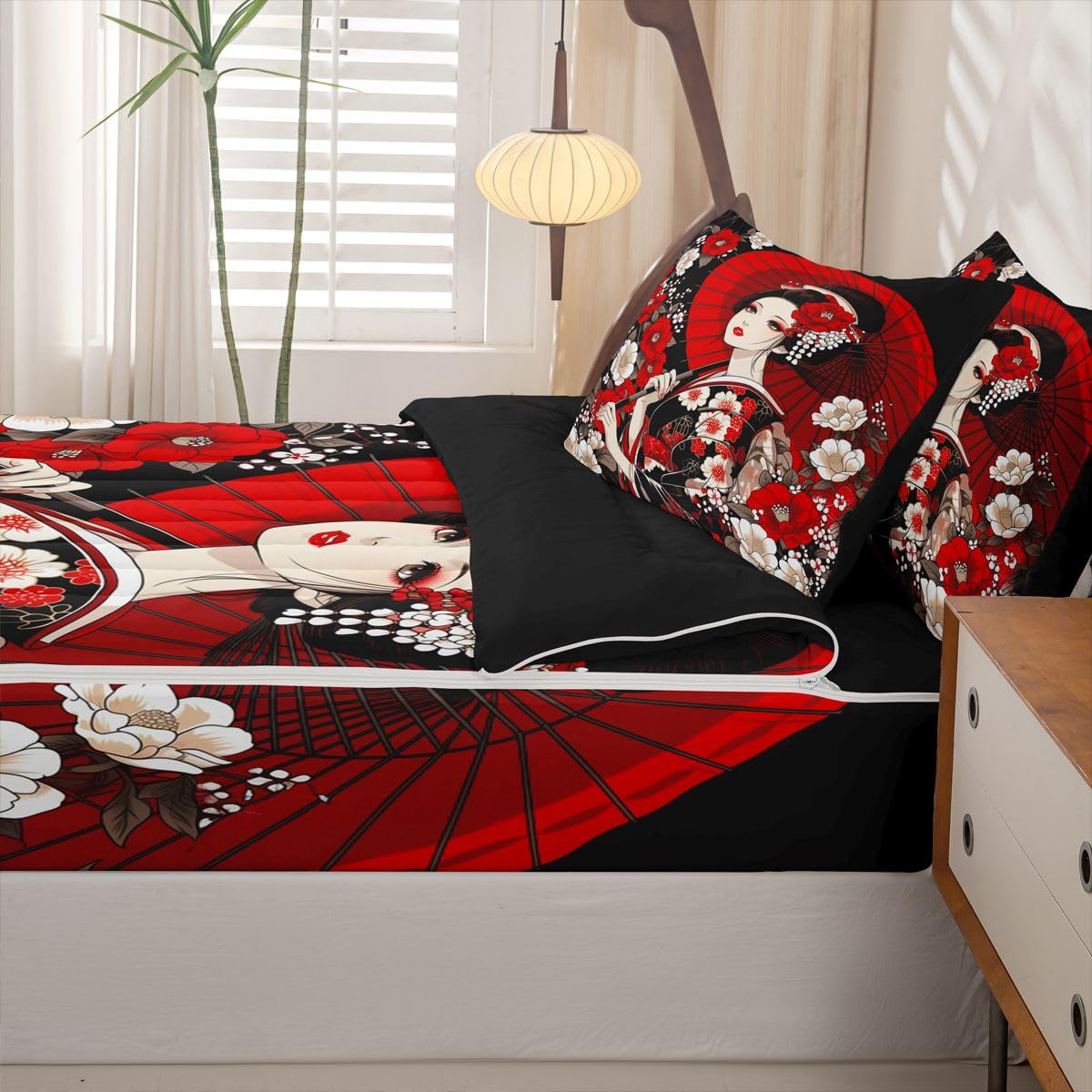 Erosebridal Japanese Zip Up Bedding Comforter Sets Twin Size, Geisha Comforter in One Zipper - Japan Women Bedding Set with Pillowcases