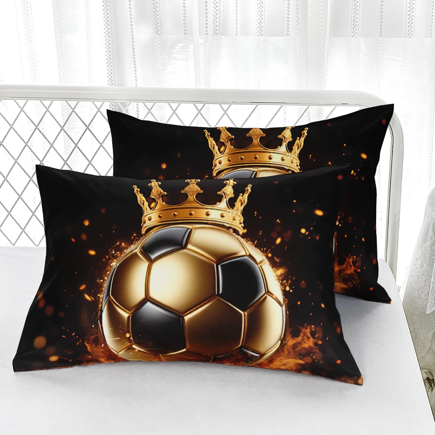 AILONEN Black Gold Soccer Bedding Set for Kids Boys Girls,3D Football Crown Printed Twin Bed Sheet Set,Sports Ball Themed Fitted Sheet with 2 Pillowcases,3Pcs