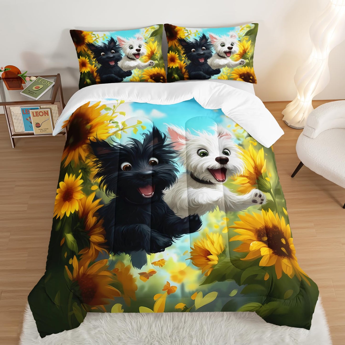 UEVBF White and Black Dog Comforter Set for Kids Room Decor,Cute Dog Sunflower Flower Bedding Queen Size Bed Sets,Kawaii Cartoon Pet Animals Comforter Set with 2 Pillowcases.