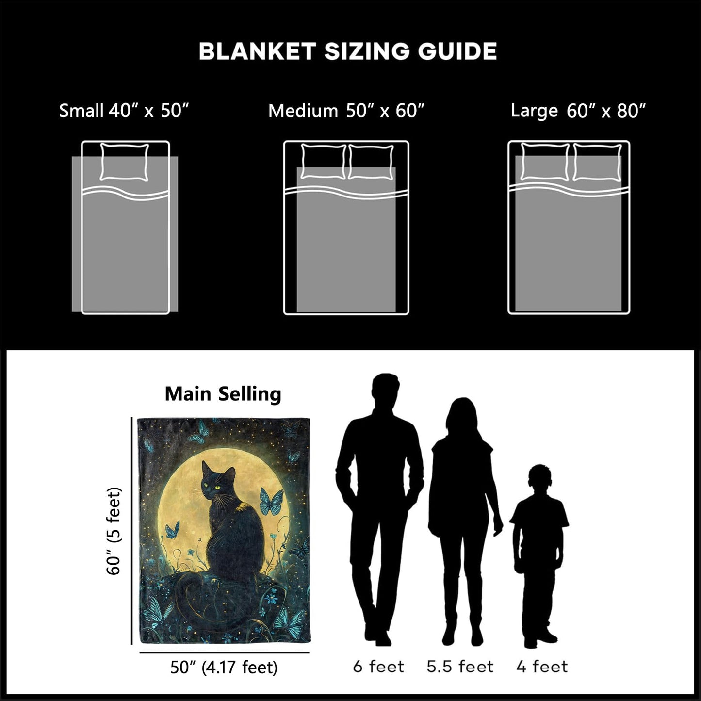 xmwjfd Magical Black Cat Blanket, Cozy Plush Glowing Full Moon & Butterfly Throw Blanket for Couch Bedroom Outdoor, Lightweight Soft Flannel Travel Blankets, Gifts for Women Adults, Warm Decor 50"×60"