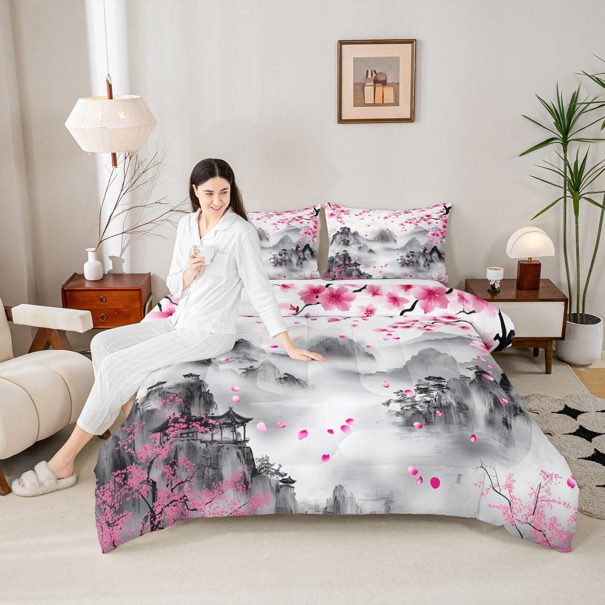 jejeloiu Chinese Ink Painting Comforter Set Queen Size Cherry Blossom Bedding Set for Kids Boys Girls Japanese Style Duvet Quilt Mountain Bedroom Decor Microfiber 3 Pcs with 2 Pillow Cases