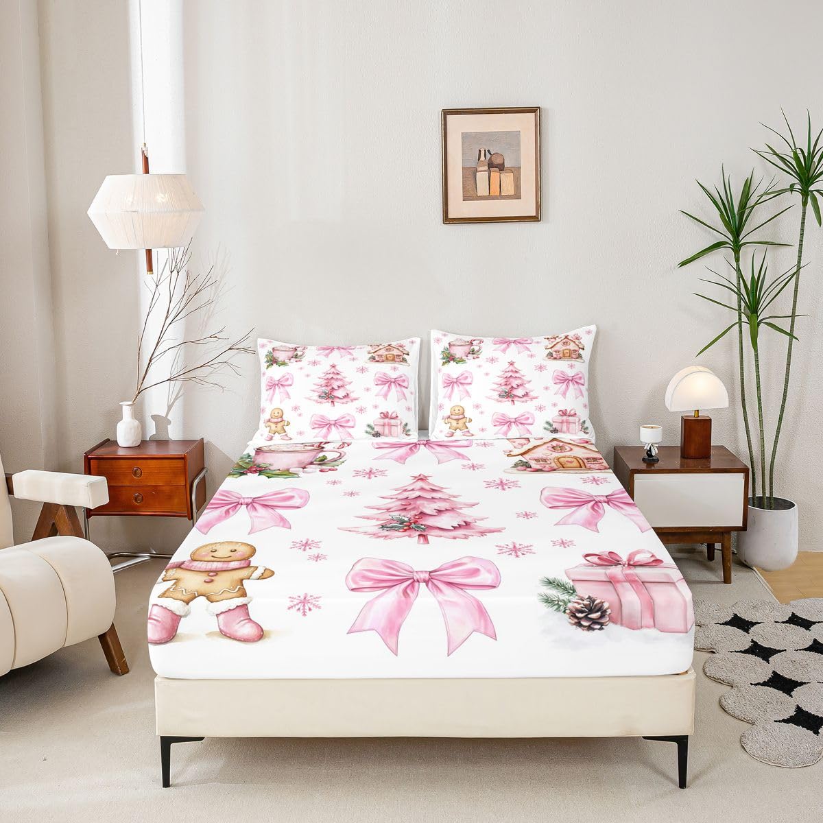 Merry Christmas Kids Full Size Fitted Sheet,Bowknot Gingerbread Man Xmas Tree Boys Girls Bed Sheets,Poinsettia Snowflake Winter Room Decor,Pink White Bedding Set,2 Pillowcases(No Flat)