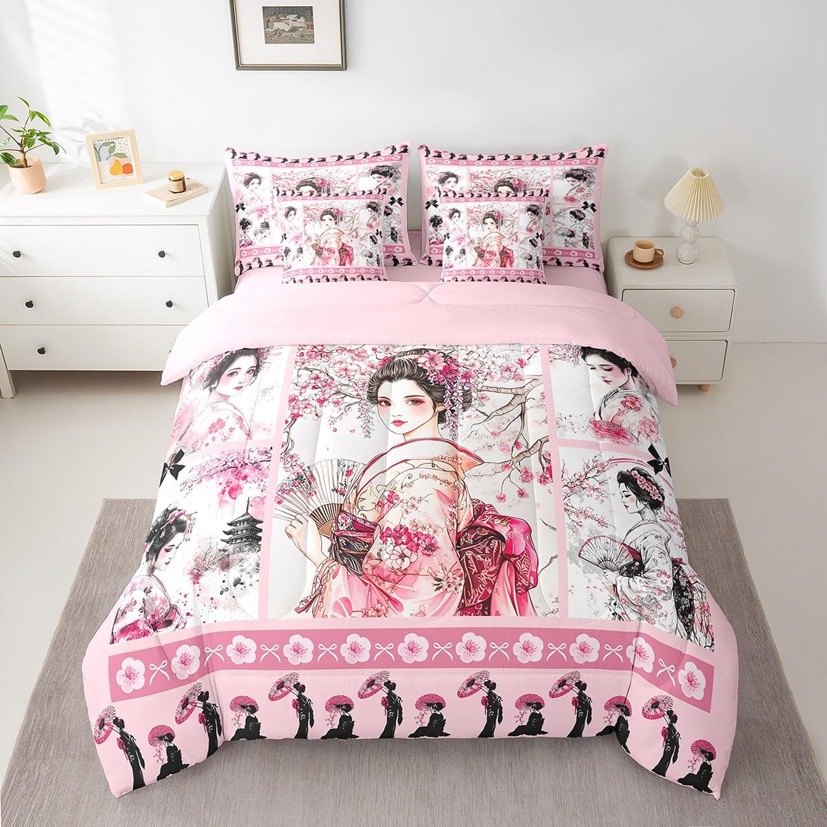 Feelyou Japanese Geisha Comforter Set Twin Size 7 Pieces Cherry Blossoms Kids Boys Girls Bowknot Bedding Set Pink Japanese-Style Plaid Bed in a Bag with Comforter, Sheets, Pillowcases & Cushion Cover