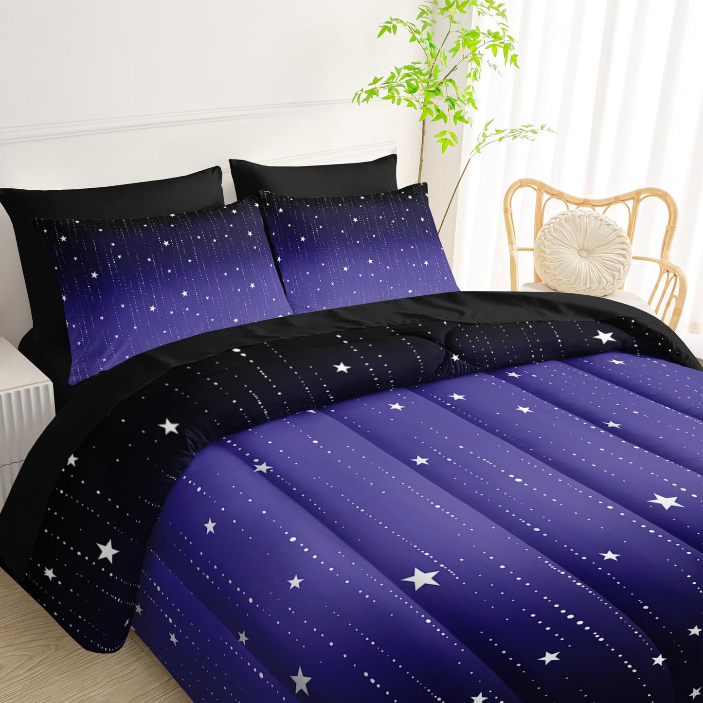 QOOMO Blue Galaxy 7 Pieces Comforter Set Queen Size,Starry Sky Bedding Set for Kids Teens Boys-Include 1 Comforter,1 Fitted Sheet,1 Flat Sheet,2 Printing Pillowcases and 2 Black Pillowcases