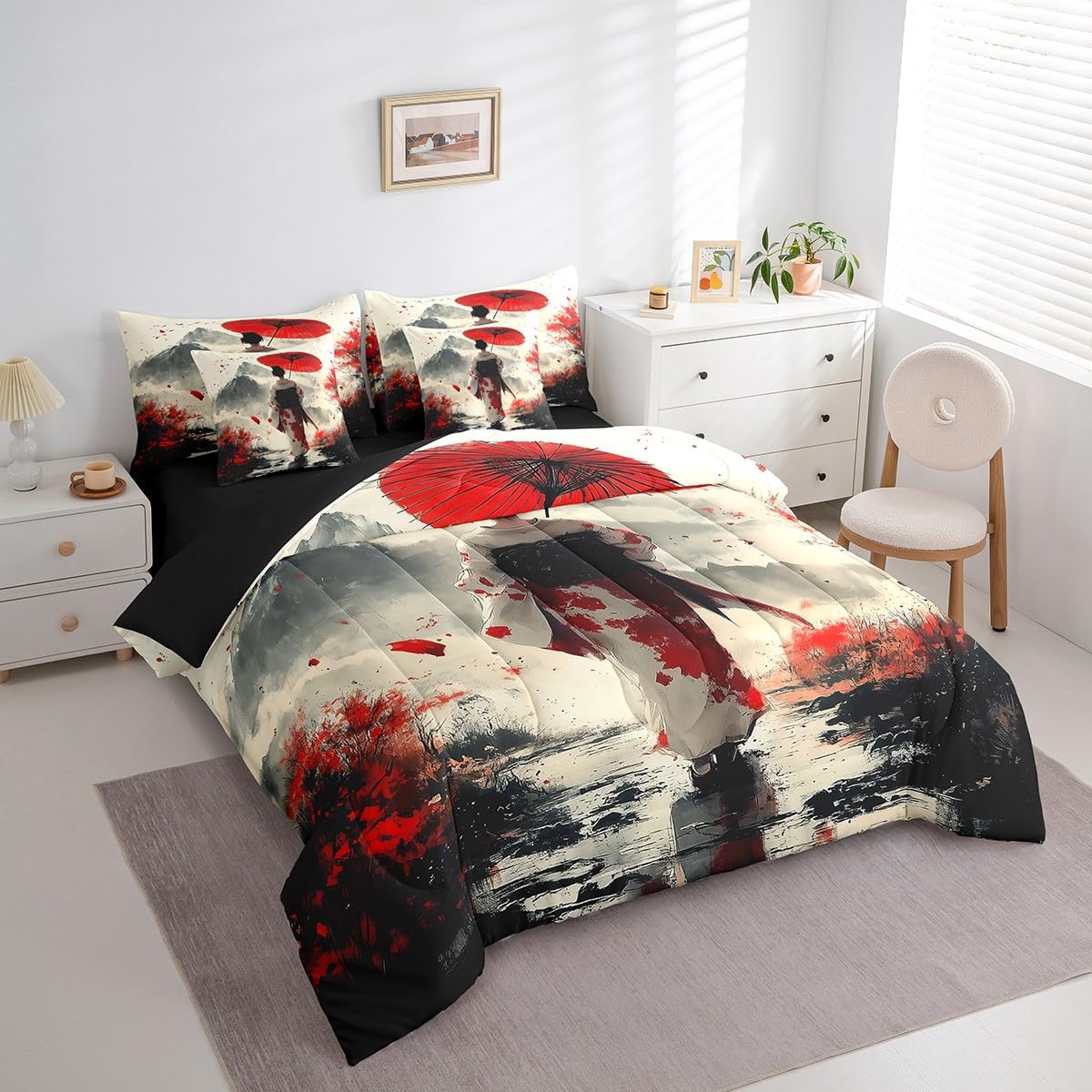 Erosebridal Aesthetic Japanese Comforter Set Twin,Japan Kimono Bedding Set 7Pcs for Girl Women Lady,Samurai Ukiyoe Quilt,Mount Fuji Bed in a Bag