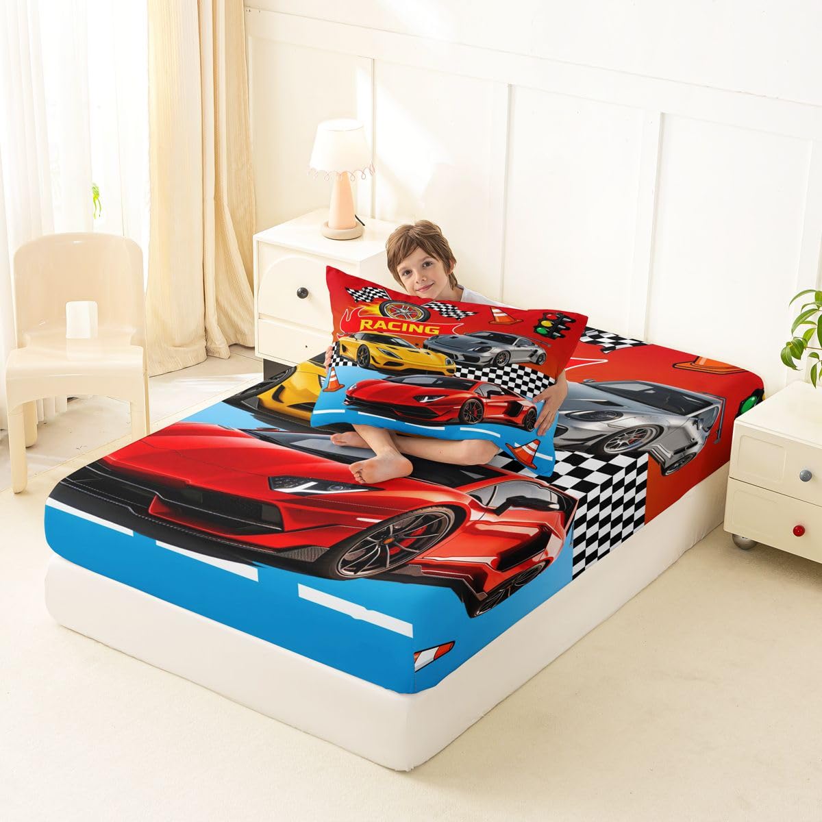 Feelyou Boys Race Car Fitted Sheet Twin Size for Kids Boys Girls Speed Sports Car Bed Sheets Set 16" Deep Pocket Soft Breathable Microfiber Racing Bedding with 1 Pillowcase Extreme Sports Room Decor