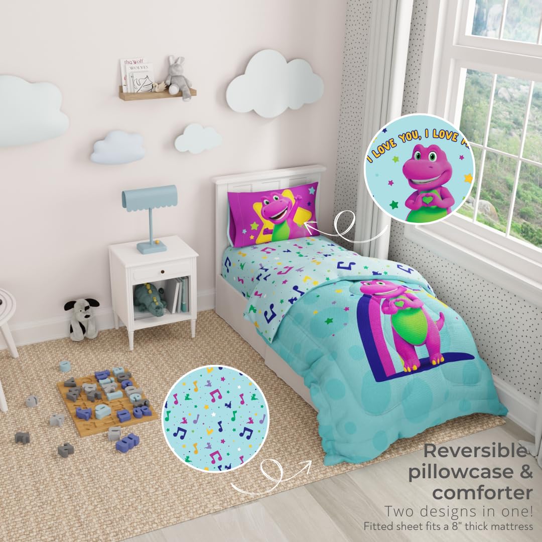 Barney Kids 4 Piece Toddler Bed Set – Super Soft & Cozy Reversible Microfiber Comforter and Sheets (Officially Licensed Product) by Franco