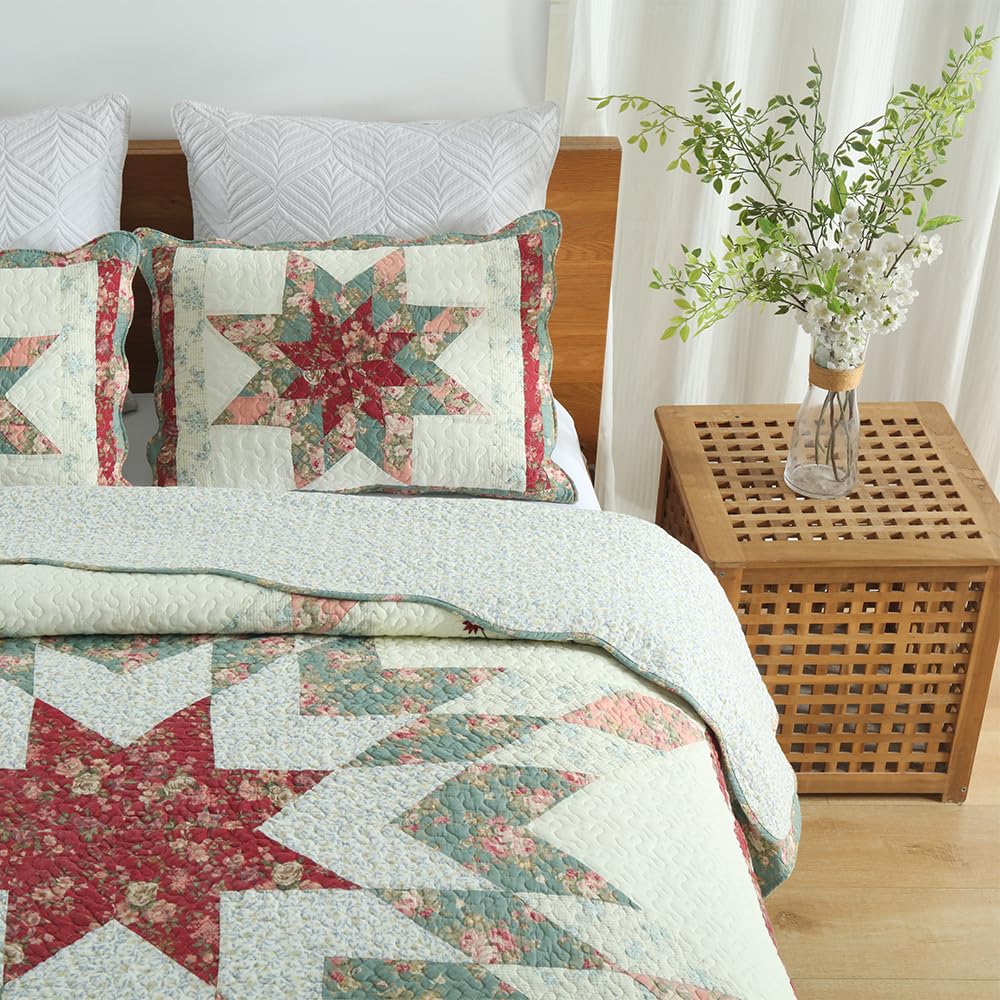 camandy Cotton Bedspread Quilt Bedding Sets, 3 Pieces Reversible Coverlets Comforters Star with Red Floral Real Patchwork Bedspread,Queen Size