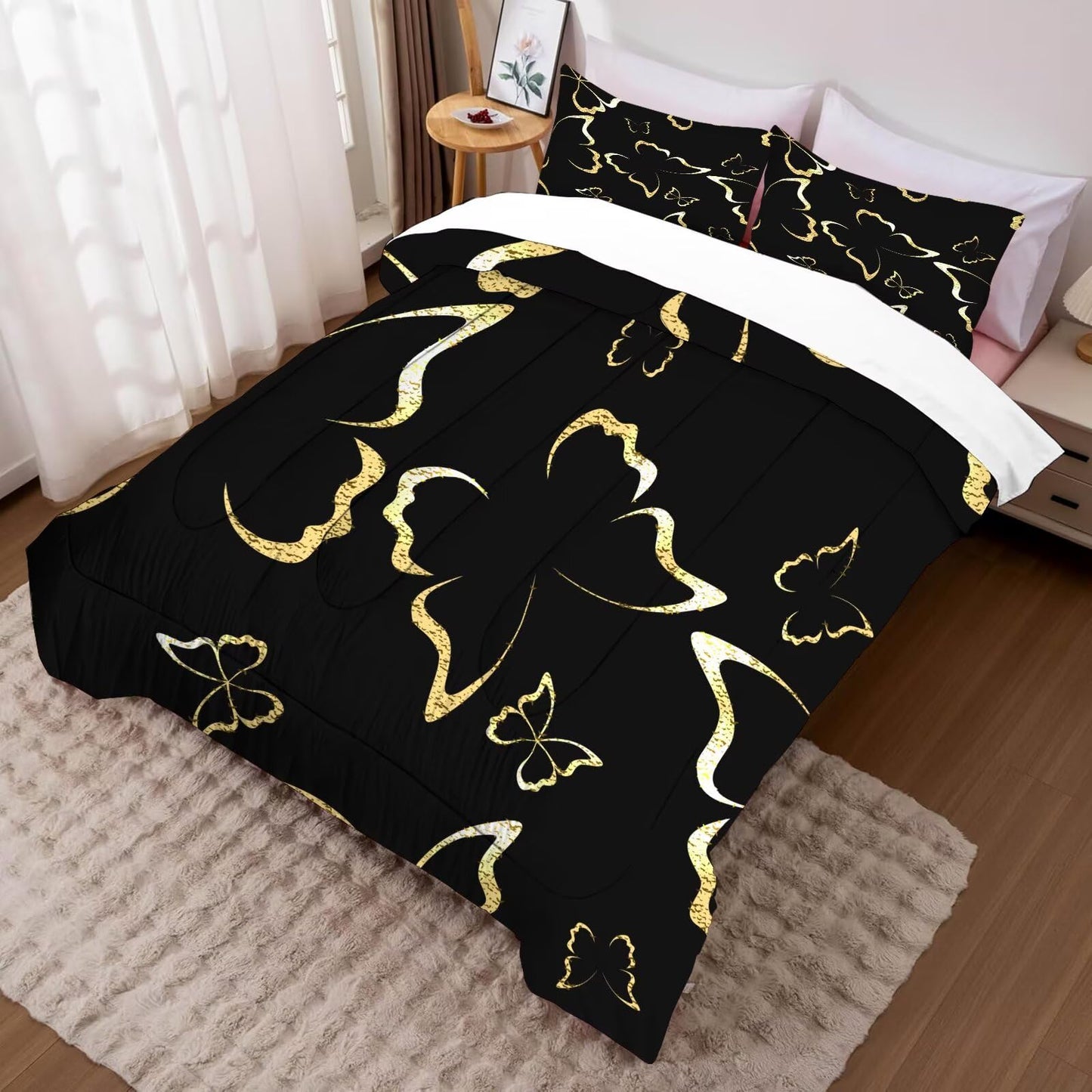 DAZYFA Black and Gold Butterfly Comforter Set Full/Queen Size Luxury Bedding for Boys Girls Men Women Adults Modern Bedroom Decor Bet Set, 1 Comforter 2 Pillowcases