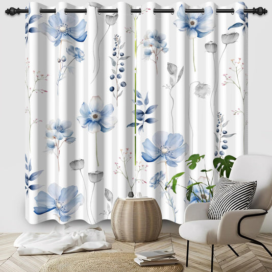 DORCEV Spring Blue Floral Window Curtains Watercolor Flowers Plants Printed Blackout Window Treatment Sets Spring Scenery Window Drapes Bedroom Living Room Light Blocking Decor,26x36 inch,2 Panels
