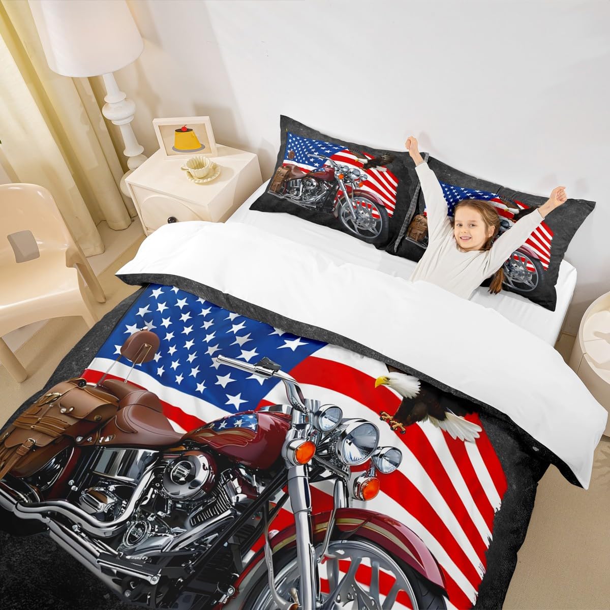 American Flag Duvet Cover Set King,Motorcycle Bedding Set 3pcs for Kids Teens Boys Girls Adult Room Decor,Eagle Animal Comforter Cover Brown Quilt Cover with 2 Pillowcases