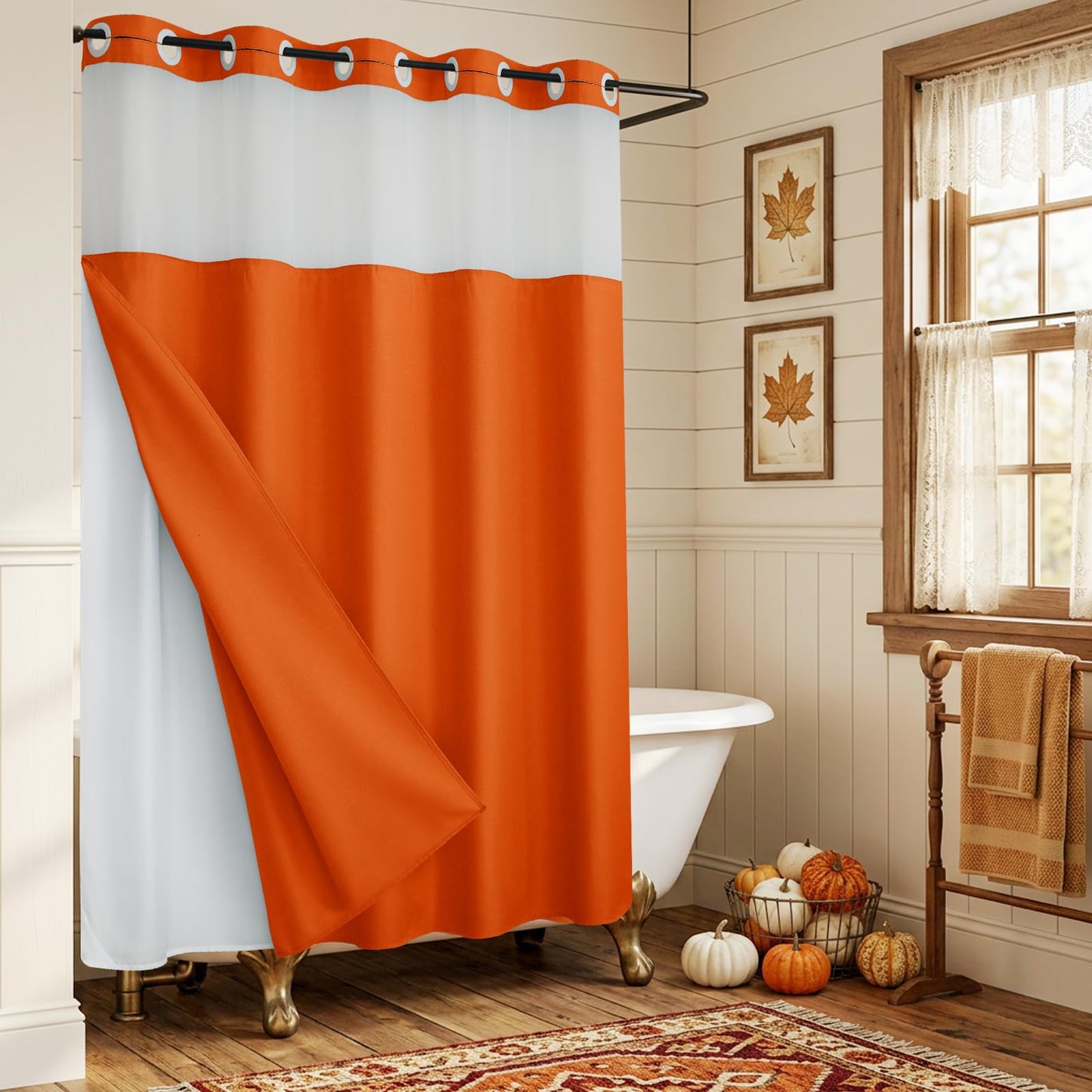 Blotixn Fall No Hook Slub Textured Shower Curtain with Snap in Fabric Liner, Modern Hotel Style with See Through Top Window, Orange Fabric Outer Curtain & Waterproof Inner Liner, 72 * 75 in