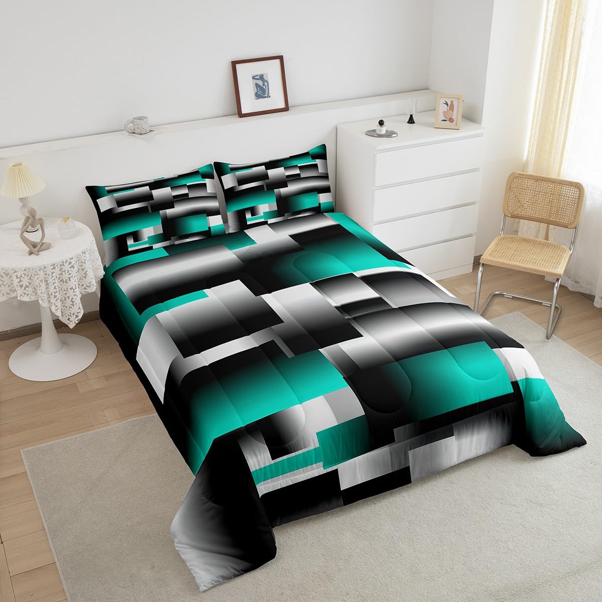 jejeloiu Teal Gray Black Abstract Comforter Set Full Size Modern Geometric Art Comforter Rectangle Room Decorative Bedding Set Quilt Set 3Pcs Duvet Set