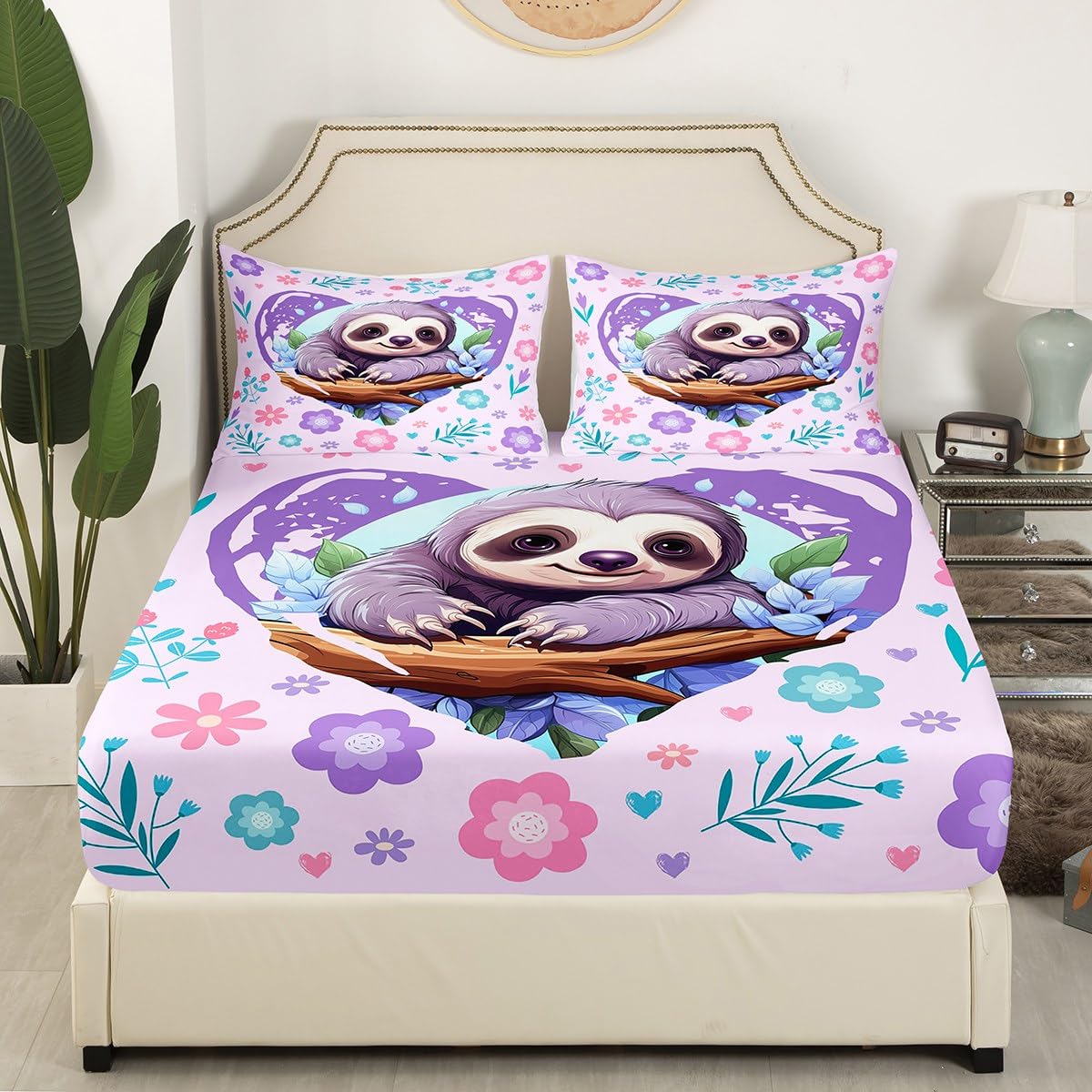 Manfei Cute Sloth Bed Sheet Set Twin Size,Kawaii Wild Animal Jungle Branch Sheet Set Kids Teens,Nature Flowers Leaves Graffiti Purple Bedding Set with 1 Flat & 1 Fitted Sheet with 1 Pillow