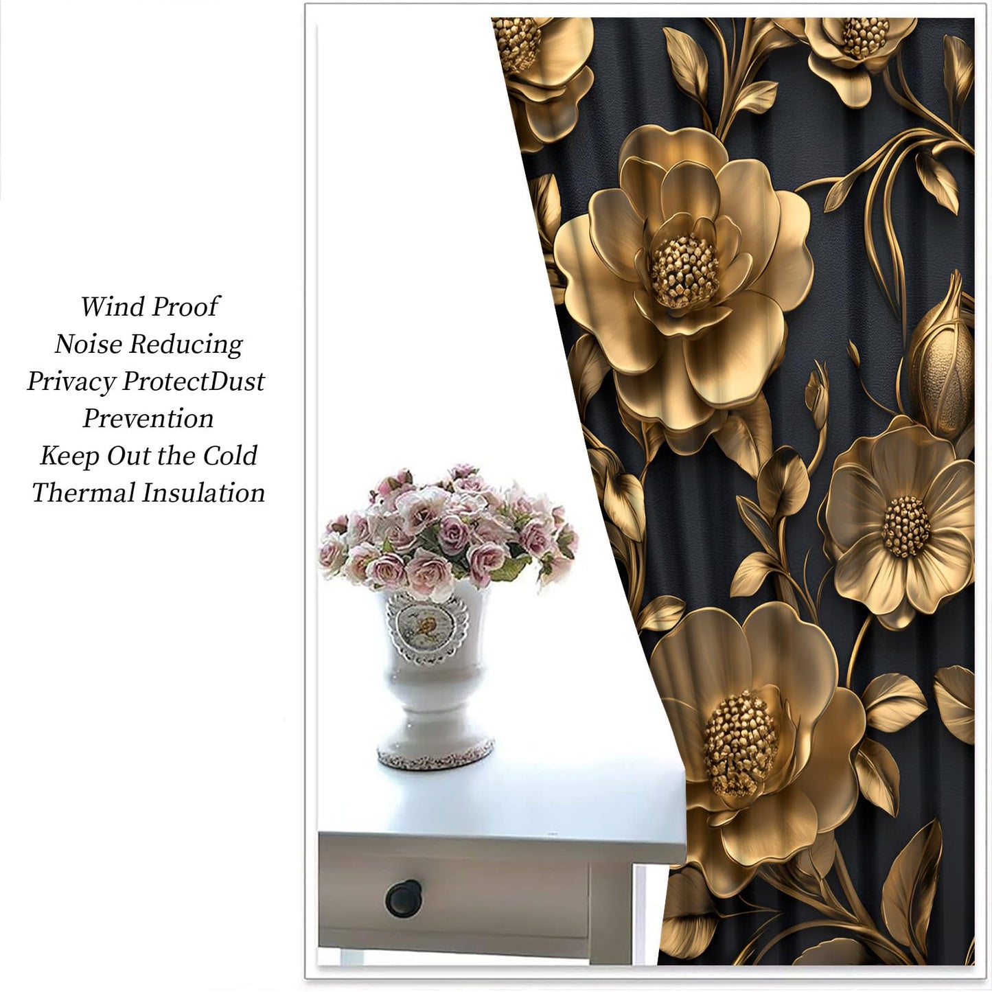 YXQAIED Gold Floral Blackout Curtains, Black Gold Flower Cutrtains for Living Room, 3D Embossed Floral Window Treatments, Kitchen Bedroom Curtain 84 Inch Long, 2 Panels